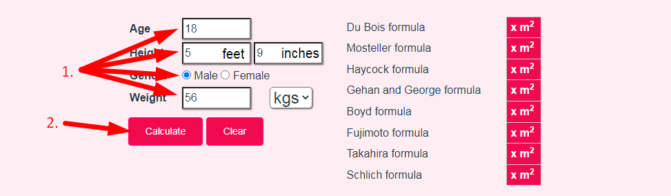 Body Surface Area Calculator Step 2