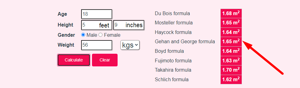 Body Surface Area Calculator Step 3