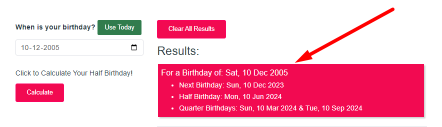 Half Birthday Calculator Step 3